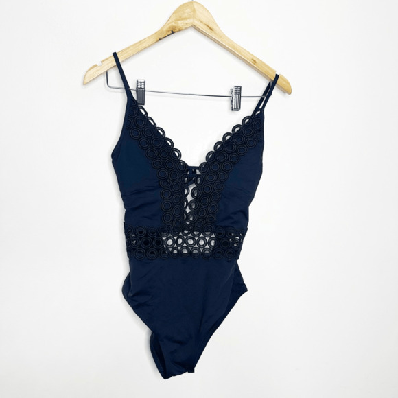 BECCA Siren Plunging One Piece Swimsuit navy blue eyelet full coverage womens S - Picture 2 of 7